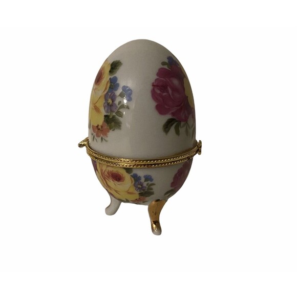 Vintage Porcelain Egg Hinged Trinket Box Yellow Rose Footed Gold Accents 3.5" - Picture 6 of 10